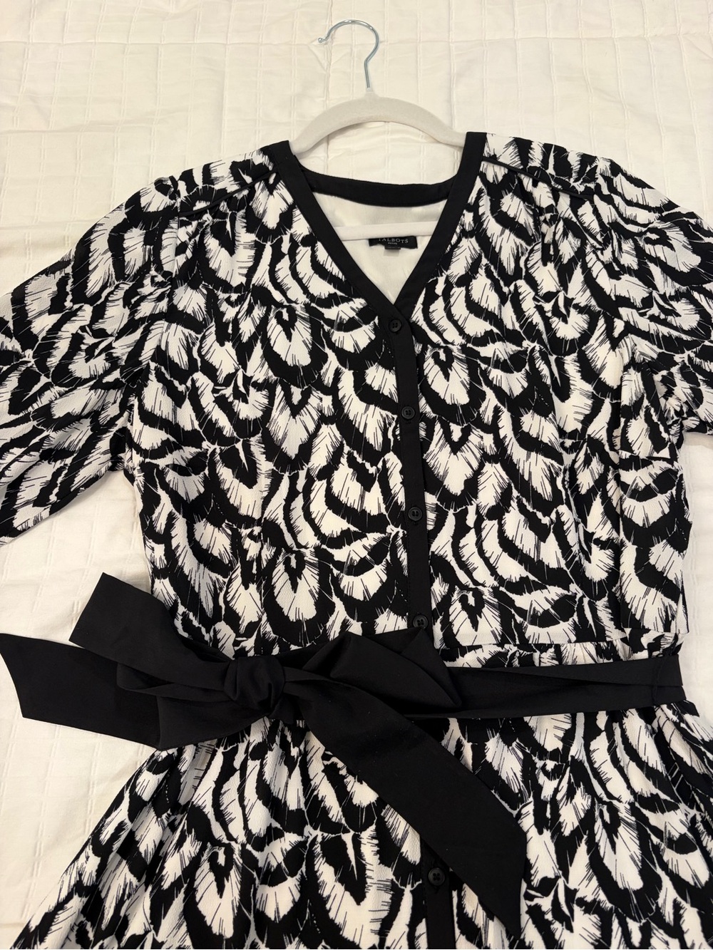 Talbots Black and White Printed Maxi Dress with Waist Tie